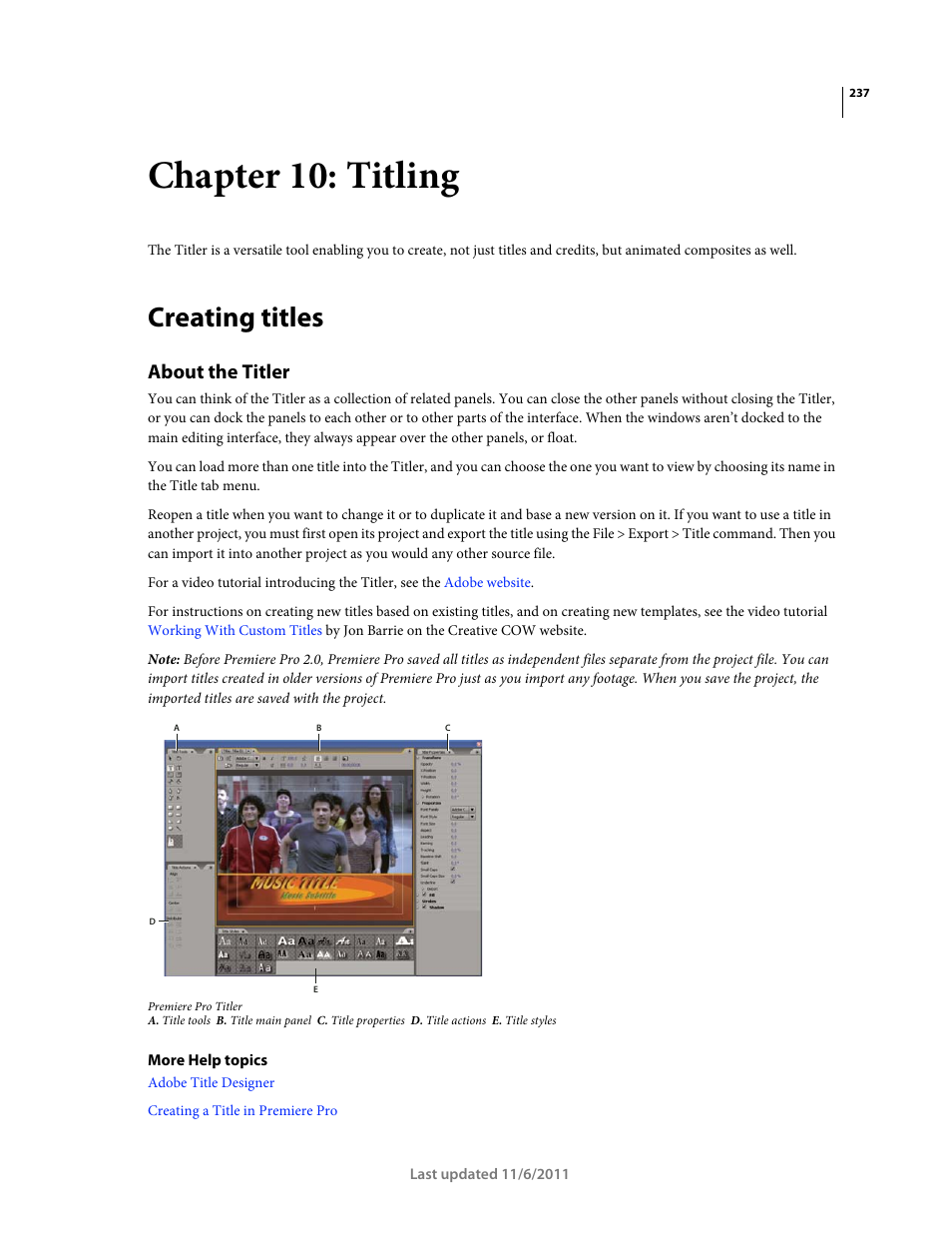 Chapter 10: titling, Creating titles, About the titler | Adobe Premiere Pro CS4 User Manual | Page 243 / 491