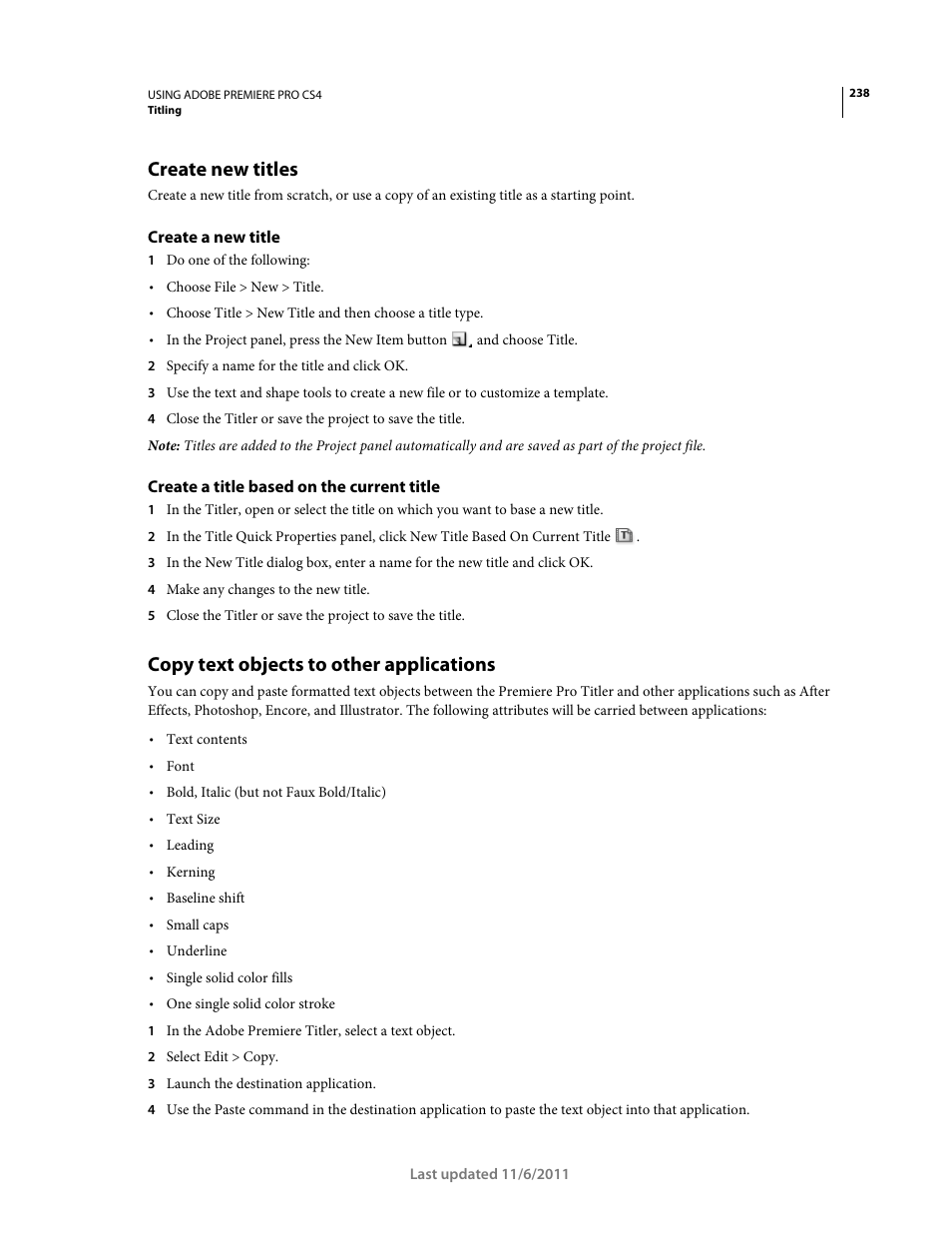 Create new titles, Create a new title, Create a title based on the current title | Copy text objects to other applications | Adobe Premiere Pro CS4 User Manual | Page 244 / 491