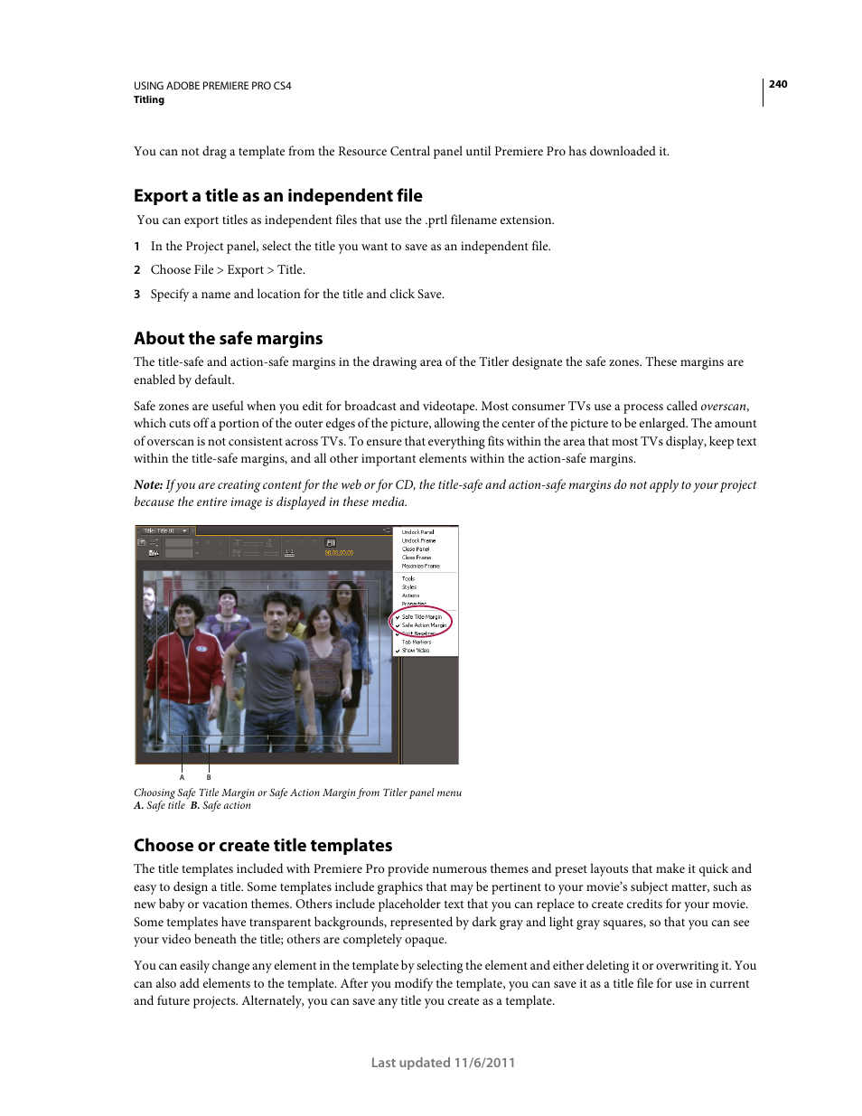 Export a title as an independent file, About the safe margins, Choose or create title templates | Adobe Premiere Pro CS4 User Manual | Page 246 / 491