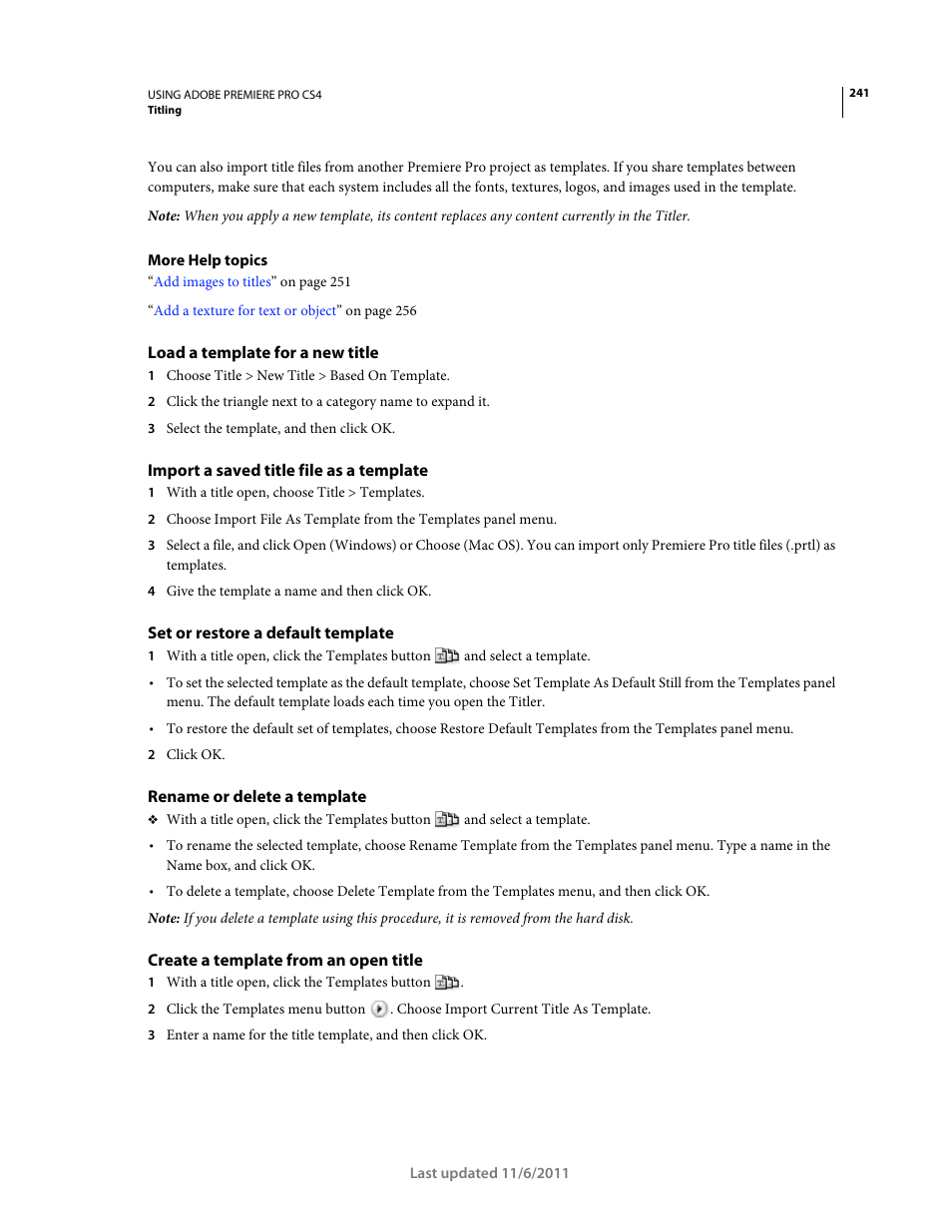 Load a template for a new title, Import a saved title file as a template, Set or restore a default template | Rename or delete a template, Create a template from an open title | Adobe Premiere Pro CS4 User Manual | Page 247 / 491