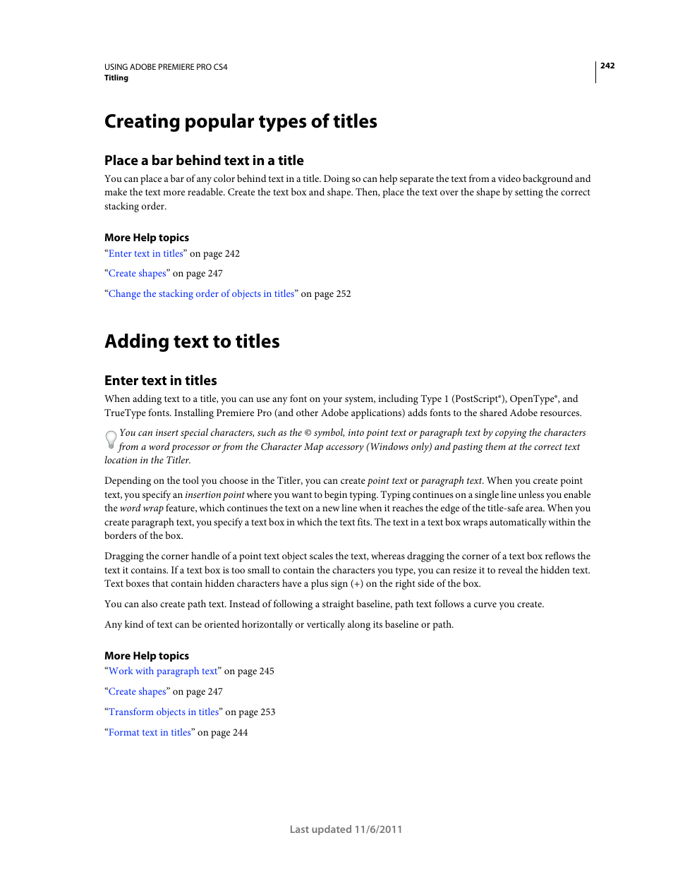 Creating popular types of titles, Place a bar behind text in a title, Adding text to titles | Enter text in titles, Enter text in, Titles | Adobe Premiere Pro CS4 User Manual | Page 248 / 491