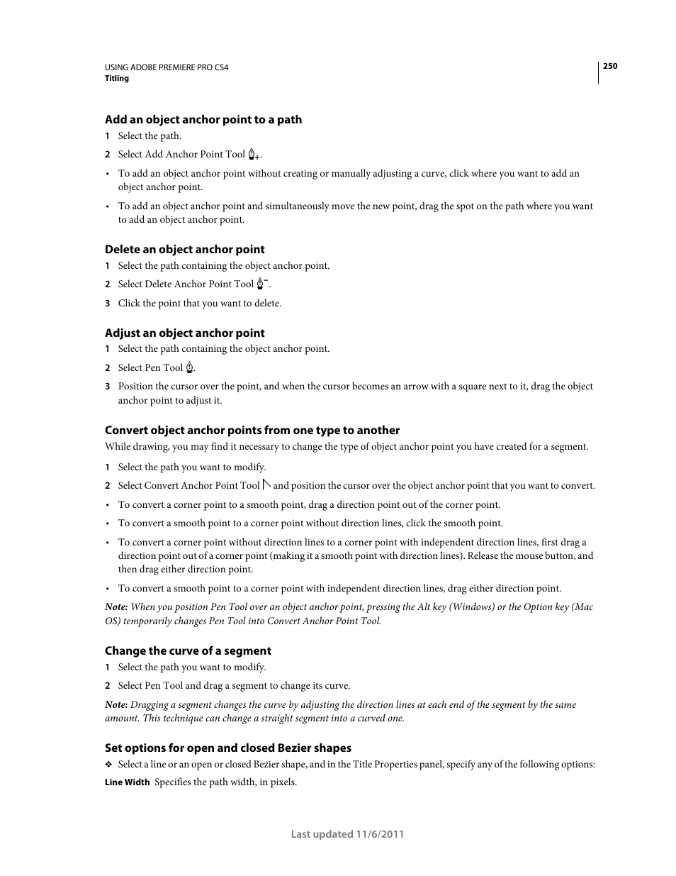 Add an object anchor point to a path, Delete an object anchor point, Adjust an object anchor point | Change the curve of a segment, Set options for open and closed bezier shapes | Adobe Premiere Pro CS4 User Manual | Page 256 / 491