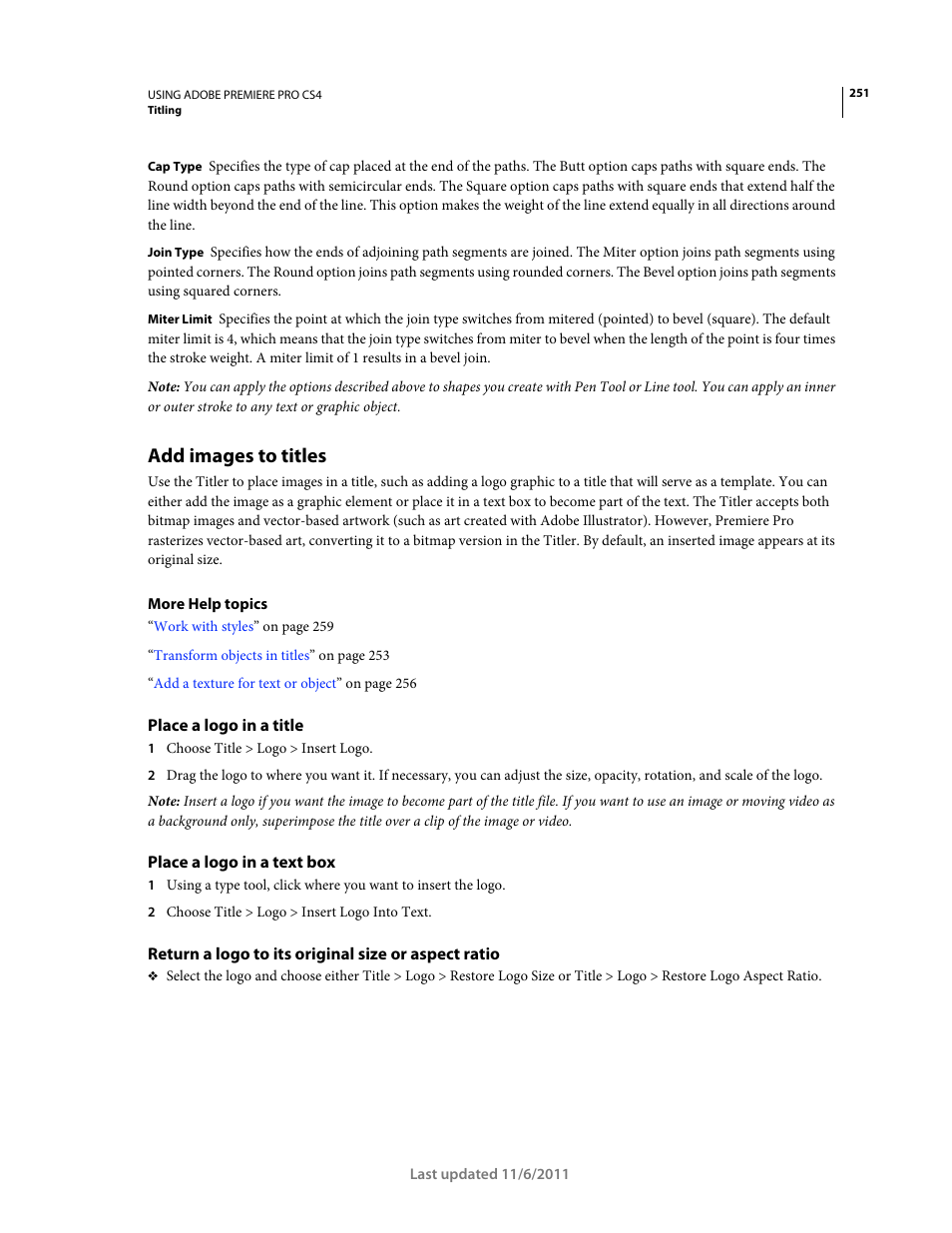 Add images to titles, Place a logo in a title, Place a logo in a text box | Return a logo to its original size or aspect ratio | Adobe Premiere Pro CS4 User Manual | Page 257 / 491