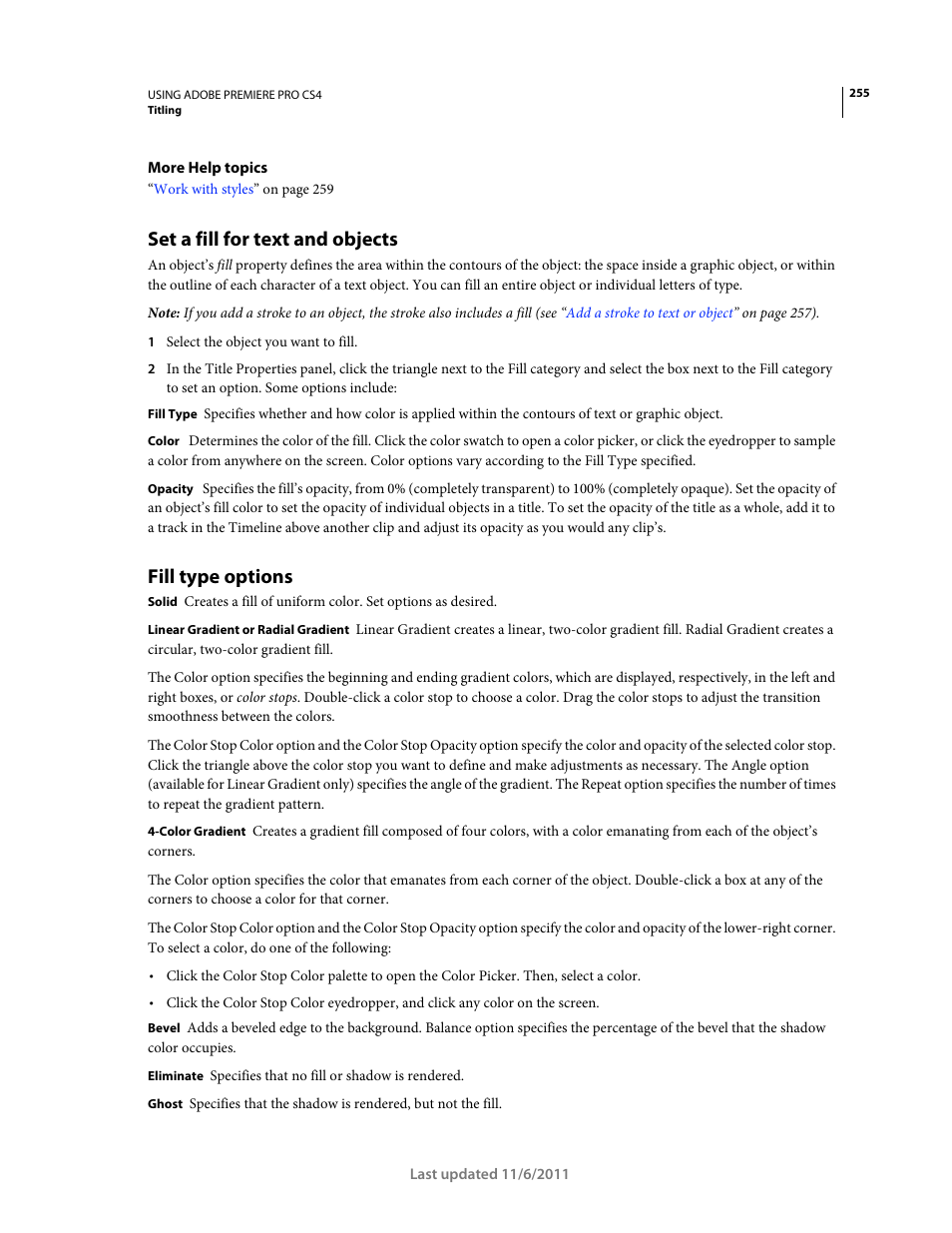 Set a fill for text and objects, Fill type options | Adobe Premiere Pro CS4 User Manual | Page 261 / 491