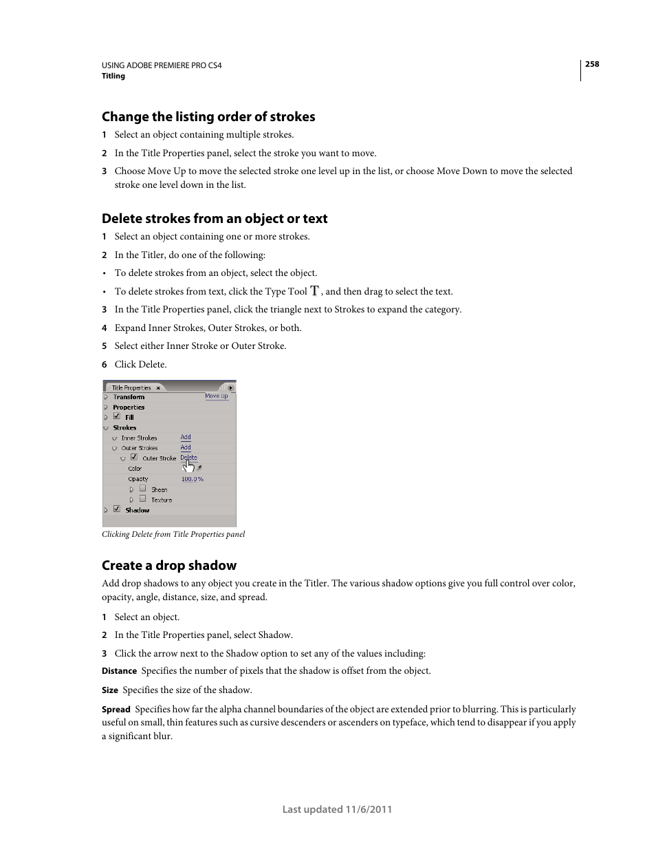 Change the listing order of strokes, Delete strokes from an object or text, Create a drop shadow | Adobe Premiere Pro CS4 User Manual | Page 264 / 491