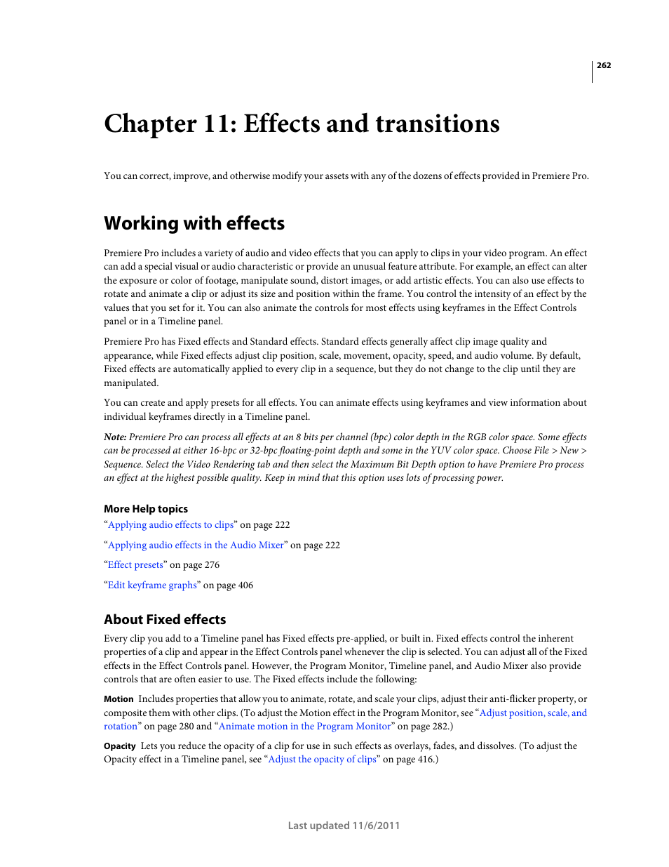 Chapter 11: effects and transitions, Working with effects, About fixed effects | Adobe Premiere Pro CS4 User Manual | Page 268 / 491