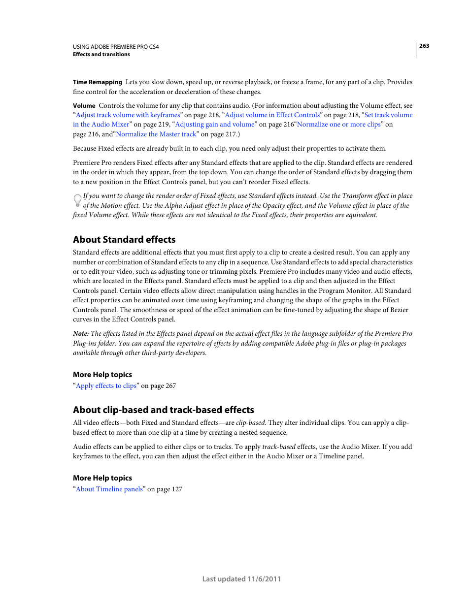 About standard effects, About clip-based and track-based effects | Adobe Premiere Pro CS4 User Manual | Page 269 / 491