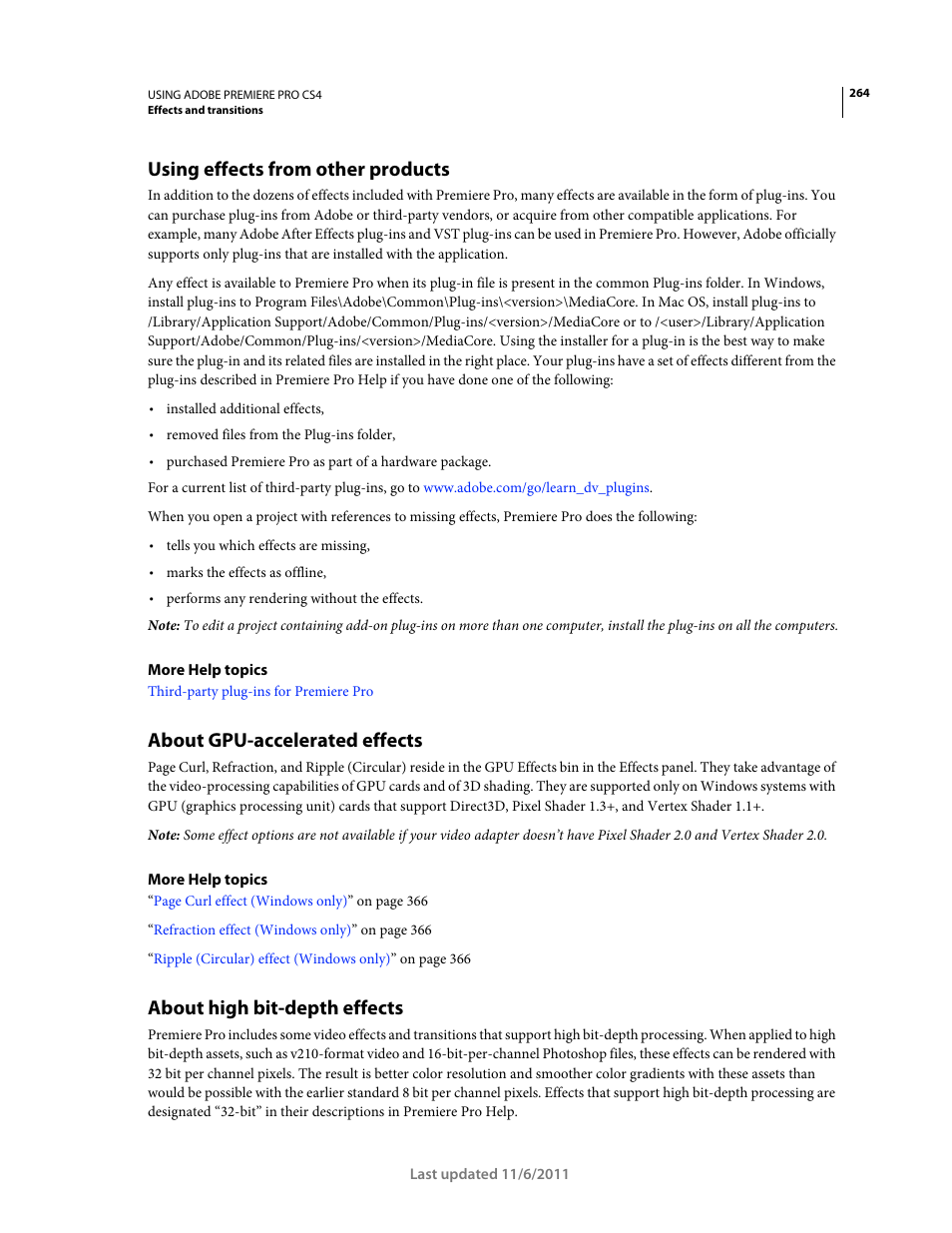 Using effects from other products, About gpu-accelerated effects, About high bit-depth effects | Adobe Premiere Pro CS4 User Manual | Page 270 / 491