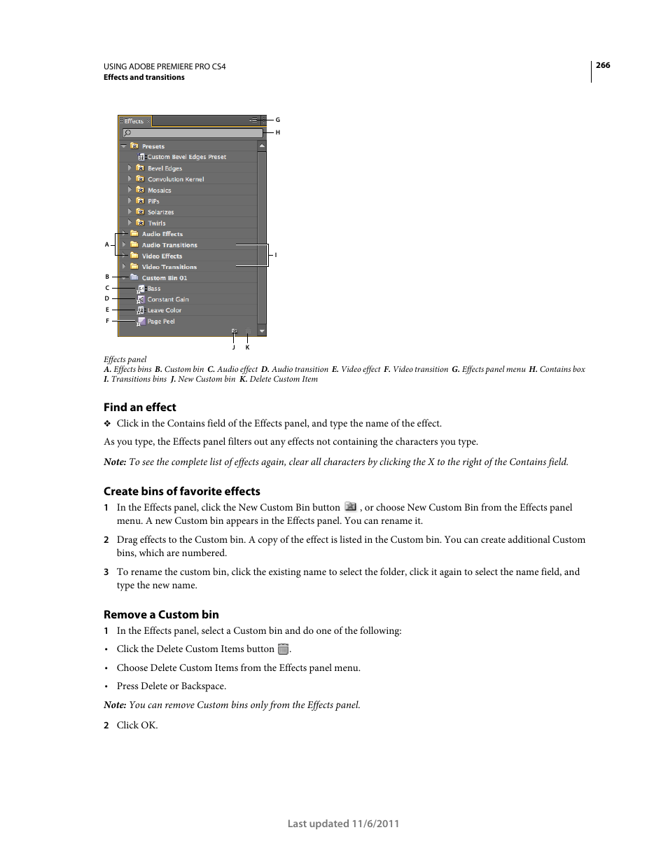 Find an effect, Create bins of favorite effects, Remove a custom bin | Adobe Premiere Pro CS4 User Manual | Page 272 / 491