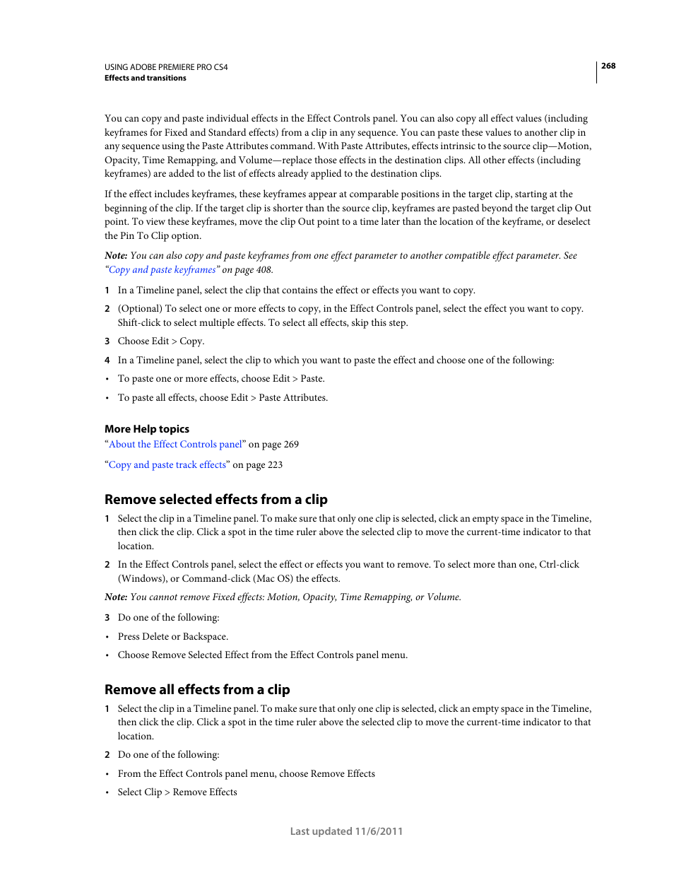 Remove selected effects from a clip, Remove all effects from a clip | Adobe Premiere Pro CS4 User Manual | Page 274 / 491