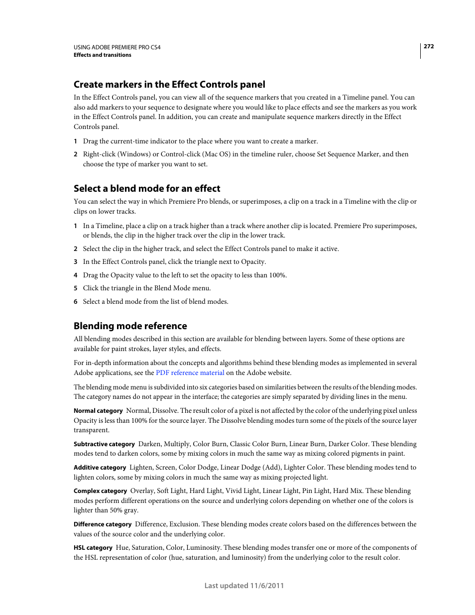 Create markers in the effect controls panel, Select a blend mode for an effect, Blending mode reference | Adobe Premiere Pro CS4 User Manual | Page 278 / 491