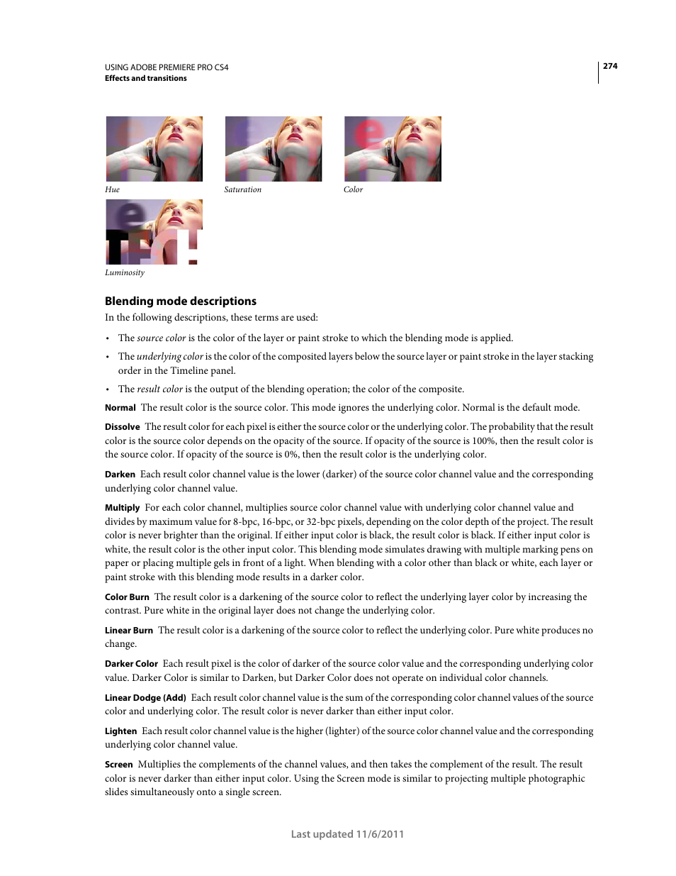 Blending mode descriptions | Adobe Premiere Pro CS4 User Manual | Page 280 / 491