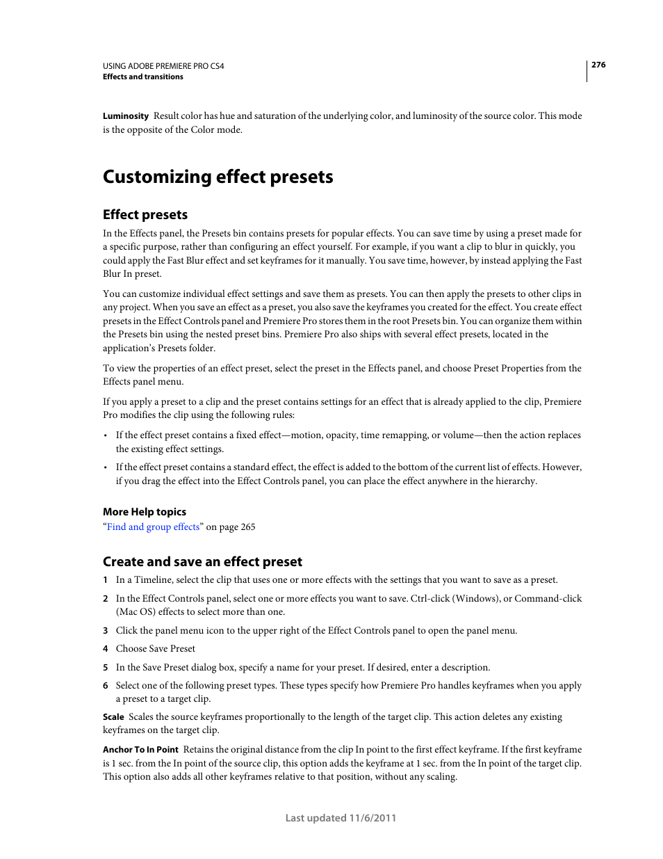 Customizing effect presets, Effect presets, Create and save an effect preset | Adobe Premiere Pro CS4 User Manual | Page 282 / 491