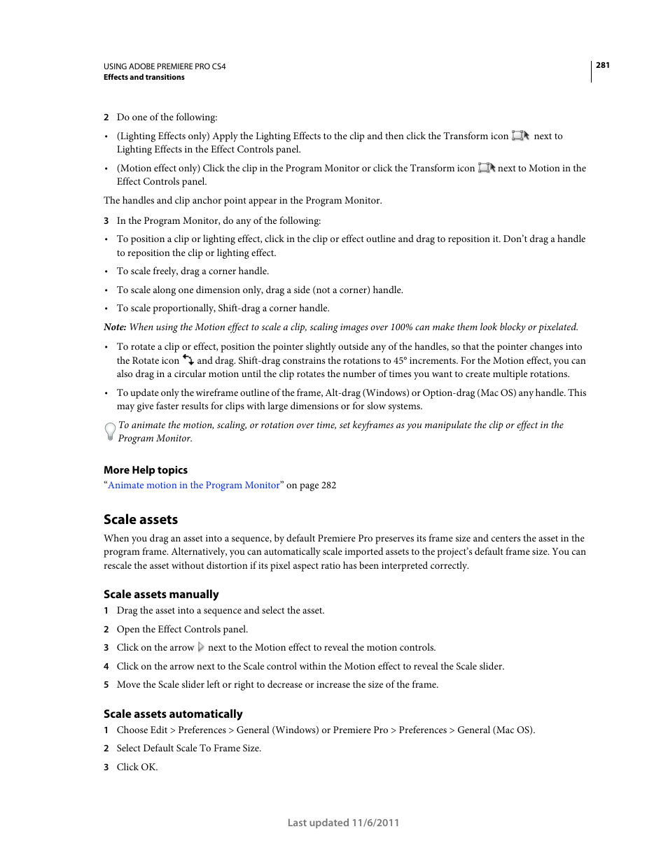 Scale assets, Scale assets manually, Scale assets automatically | Adobe Premiere Pro CS4 User Manual | Page 287 / 491