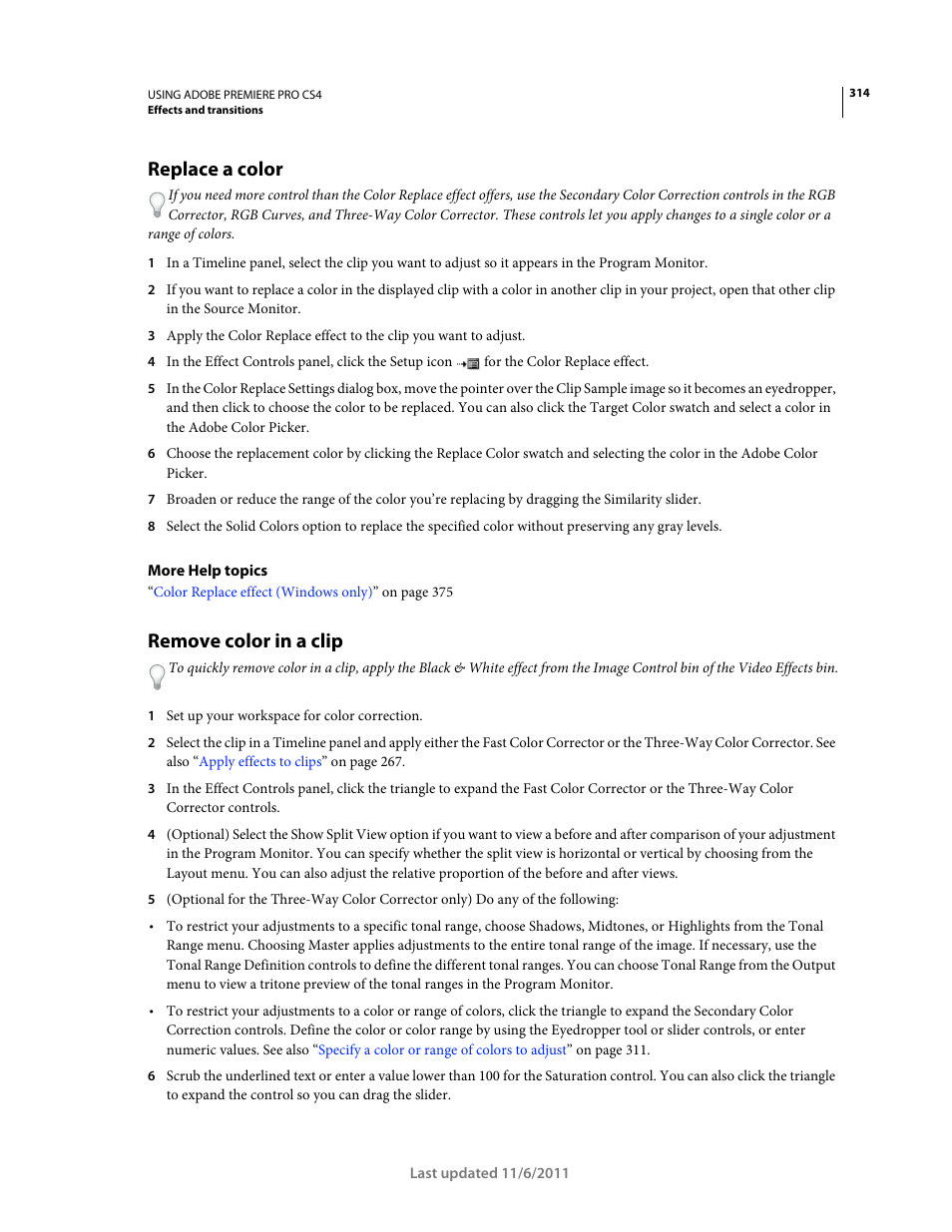Replace a color, Remove color in a clip | Adobe Premiere Pro CS4 User Manual | Page 320 / 491