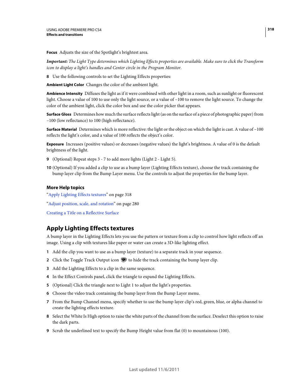 Apply lighting effects textures | Adobe Premiere Pro CS4 User Manual | Page 324 / 491