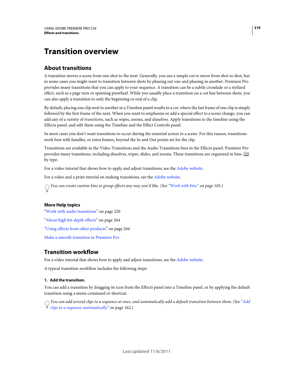 Transition overview, About transitions, Transition workflow | Adobe Premiere Pro CS4 User Manual | Page 325 / 491