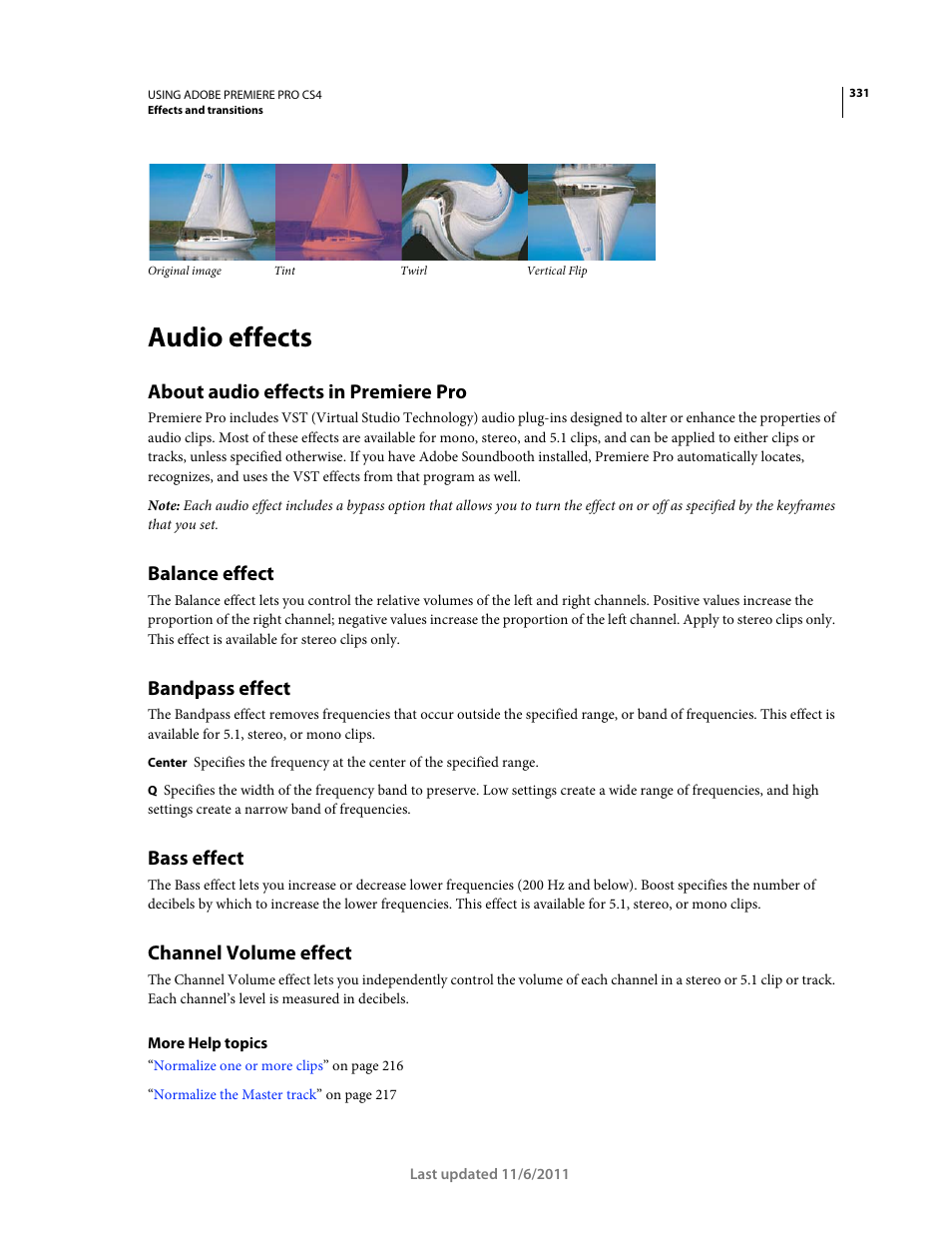 Audio effects, About audio effects in premiere pro, Balance effect | Bandpass effect, Bass effect, Channel volume effect | Adobe Premiere Pro CS4 User Manual | Page 337 / 491