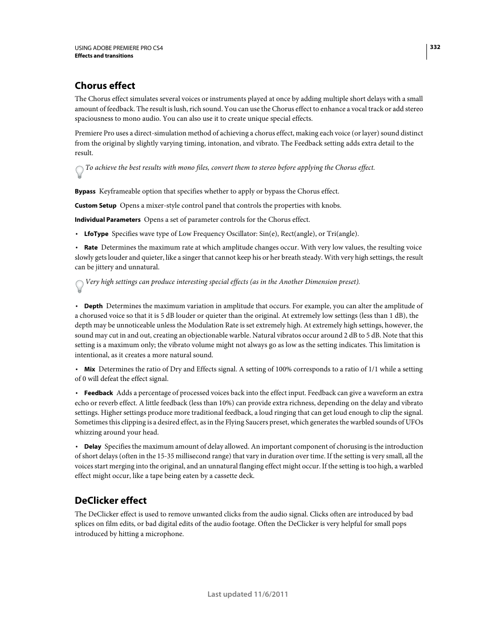 Chorus effect, Declicker effect | Adobe Premiere Pro CS4 User Manual | Page 338 / 491