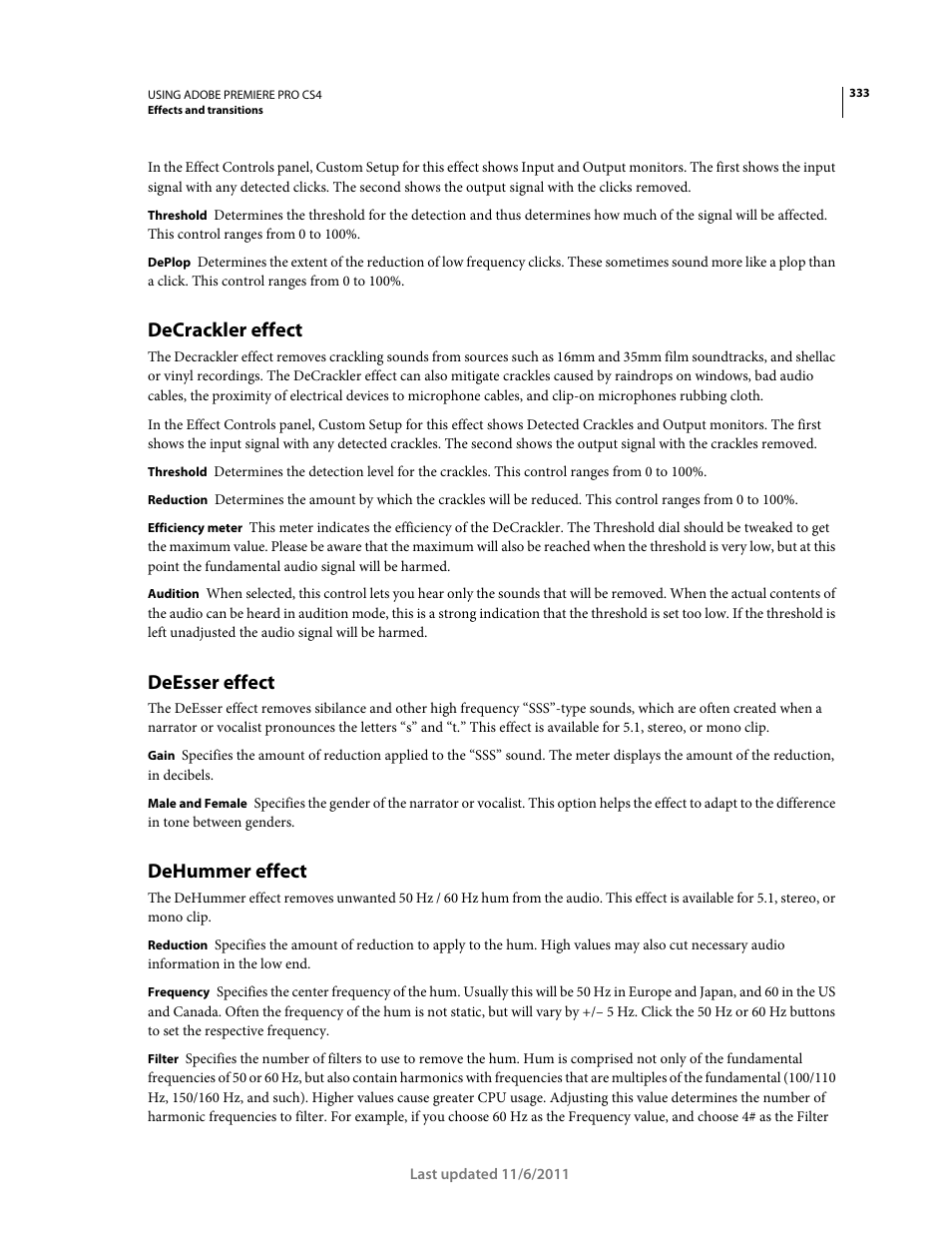 Decrackler effect, Deesser effect, Dehummer effect | Adobe Premiere Pro CS4 User Manual | Page 339 / 491