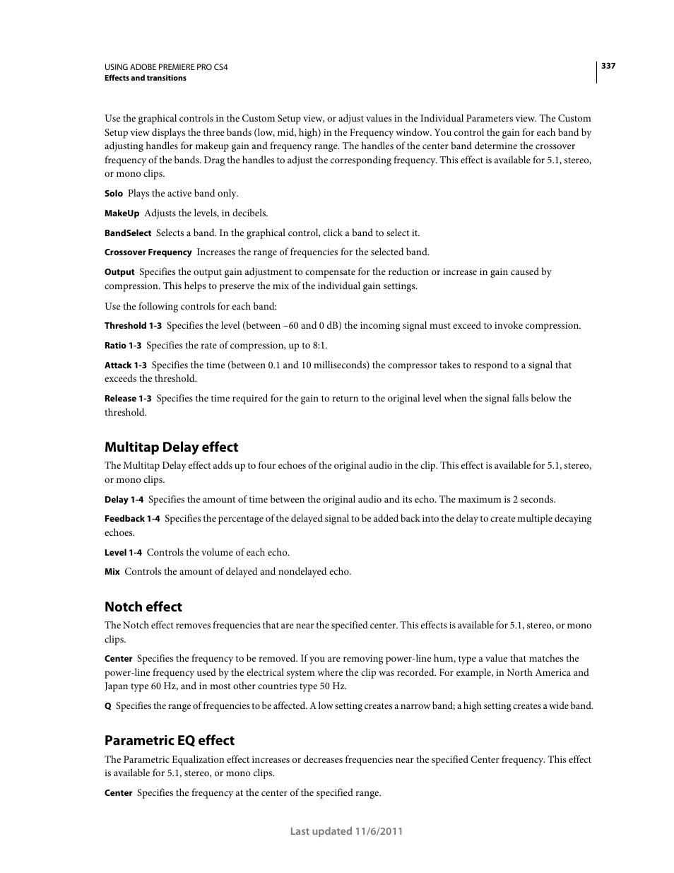 Multitap delay effect, Notch effect, Parametric eq effect | Adobe Premiere Pro CS4 User Manual | Page 343 / 491