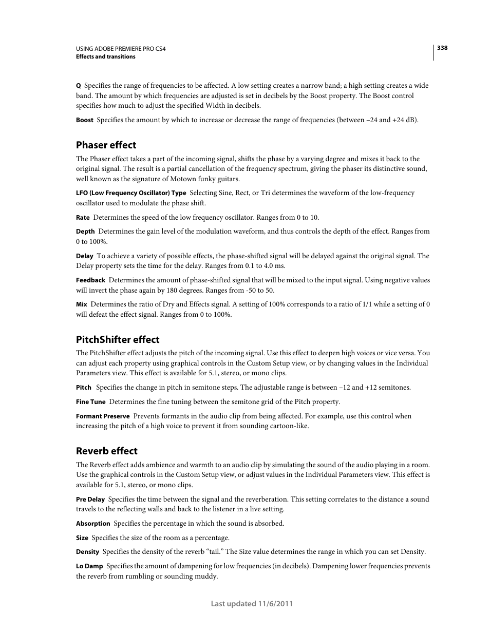 Phaser effect, Pitchshifter effect, Reverb effect | Adobe Premiere Pro CS4 User Manual | Page 344 / 491