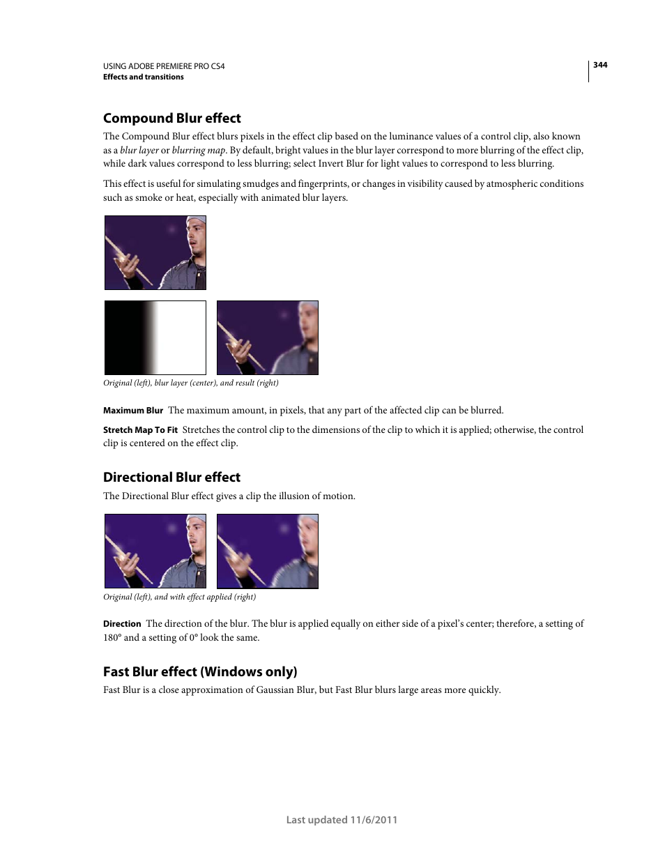 Compound blur effect, Directional blur effect, Fast blur effect (windows only) | Adobe Premiere Pro CS4 User Manual | Page 350 / 491