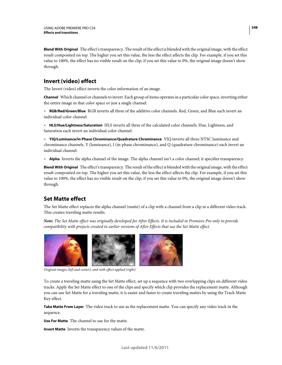 Invert (video) effect, Set matte effect | Adobe Premiere Pro CS4 User Manual | Page 354 / 491