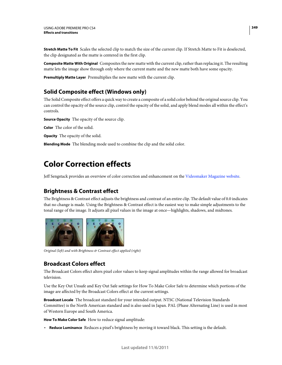 Solid composite effect (windows only), Color correction effects, Brightness & contrast effect | Broadcast colors effect, For more information, see | Adobe Premiere Pro CS4 User Manual | Page 355 / 491