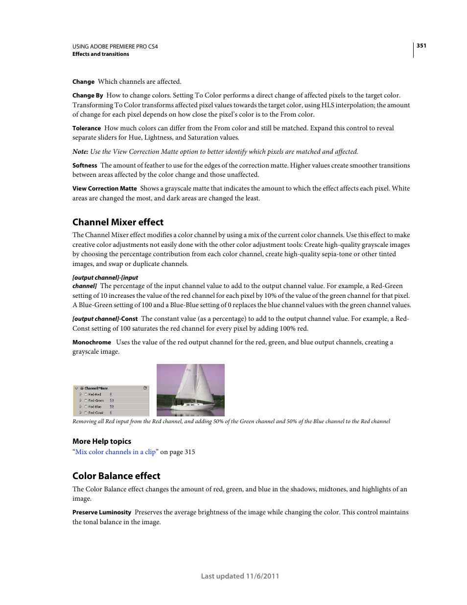 Channel mixer effect, Color balance effect | Adobe Premiere Pro CS4 User Manual | Page 357 / 491