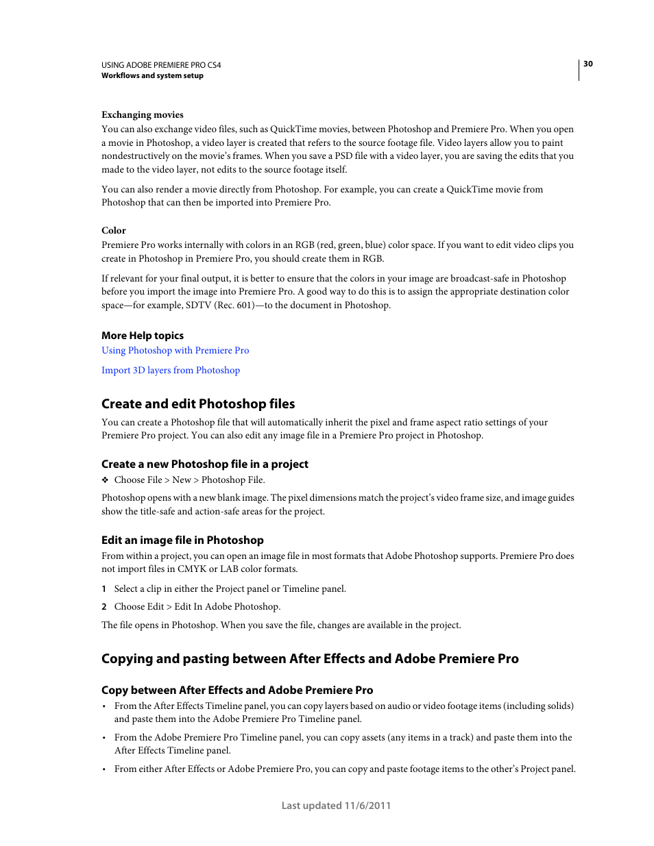 Create and edit photoshop files, Create a new photoshop file in a project, Edit an image file in photoshop | Copy between after effects and adobe premiere pro | Adobe Premiere Pro CS4 User Manual | Page 36 / 491