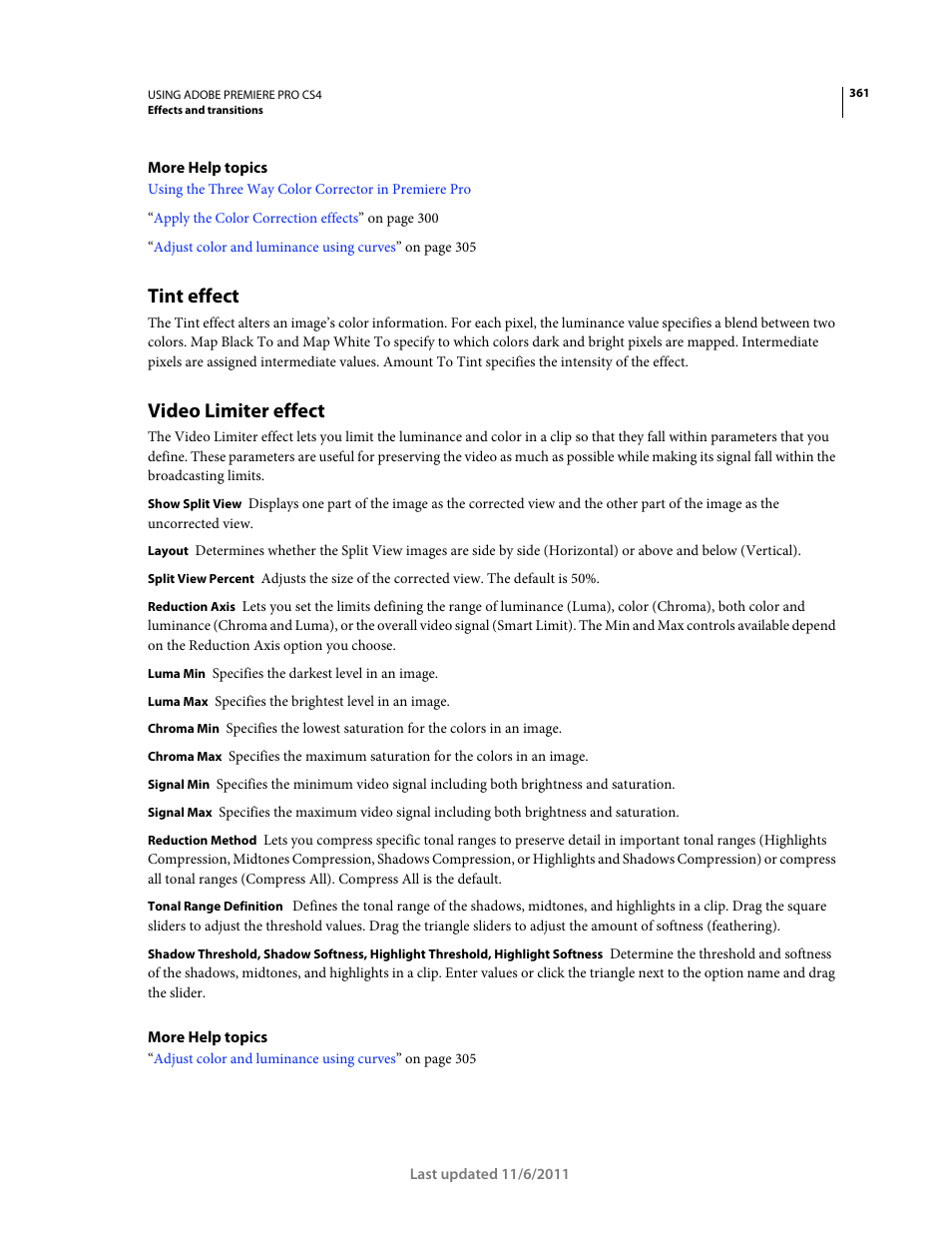 Tint effect, Video limiter effect | Adobe Premiere Pro CS4 User Manual | Page 367 / 491