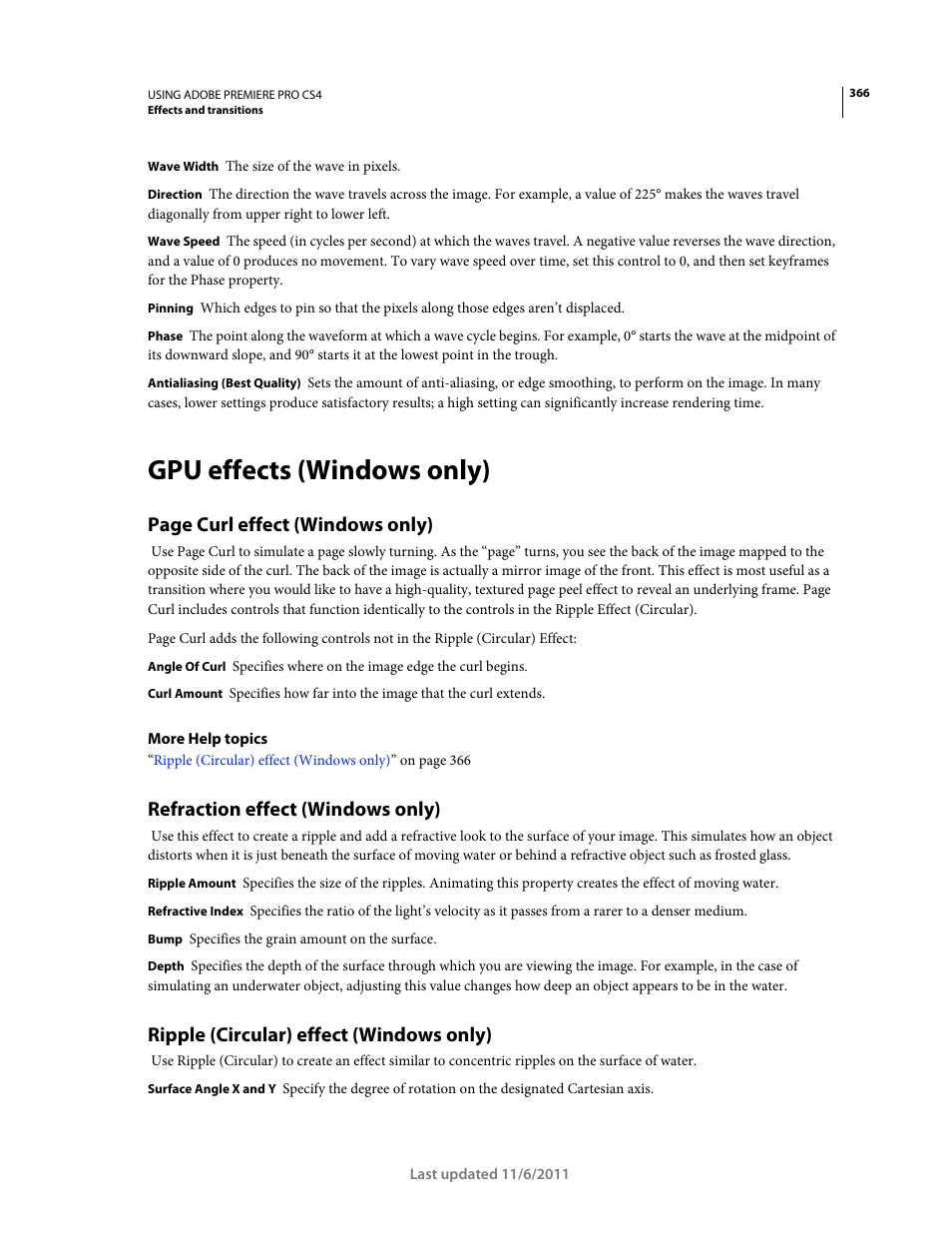 Gpu effects (windows only), Refraction effect (windows only), Ripple (circular) effect (windows only) | Page curl effect (windows only) | Adobe Premiere Pro CS4 User Manual | Page 372 / 491