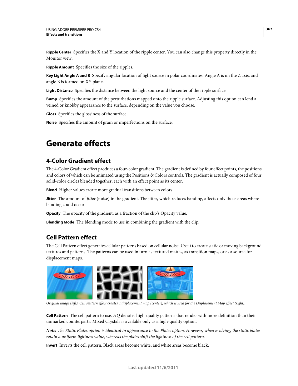 Generate effects, Color gradient effect, Cell pattern effect | Adobe Premiere Pro CS4 User Manual | Page 373 / 491