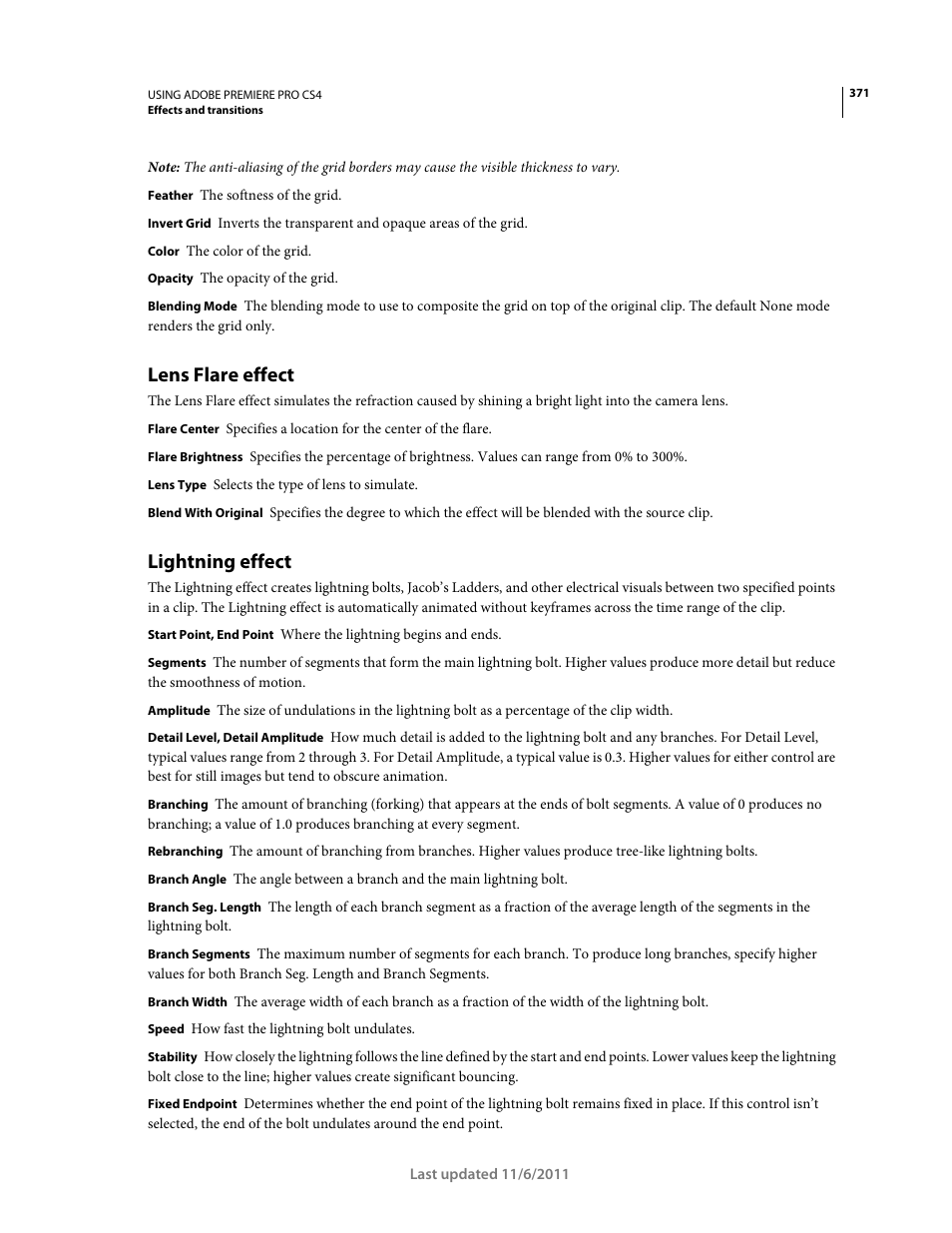 Lens flare effect, Lightning effect | Adobe Premiere Pro CS4 User Manual | Page 377 / 491