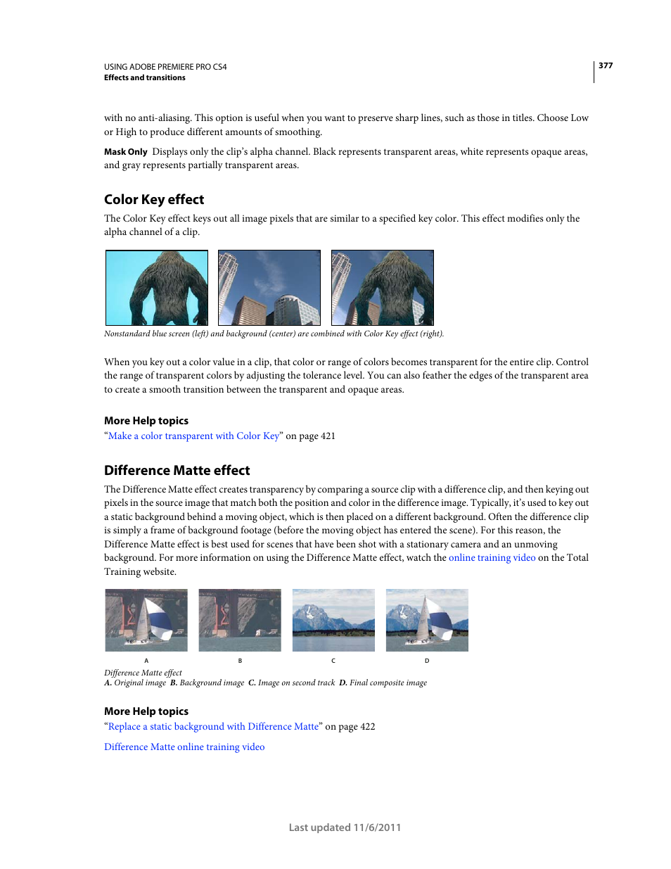 Color key effect, Difference matte effect | Adobe Premiere Pro CS4 User Manual | Page 383 / 491