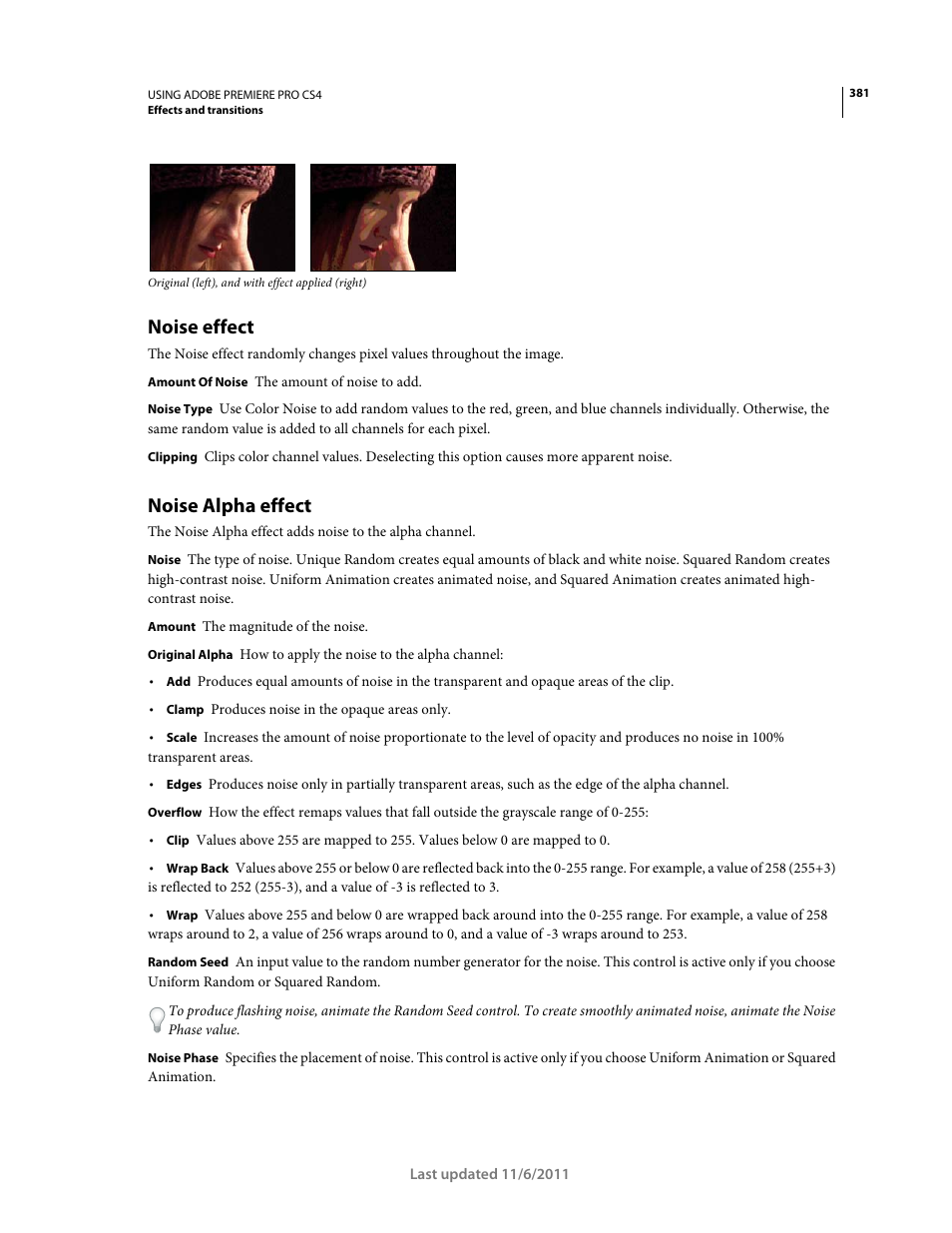Noise effect, Noise alpha effect | Adobe Premiere Pro CS4 User Manual | Page 387 / 491
