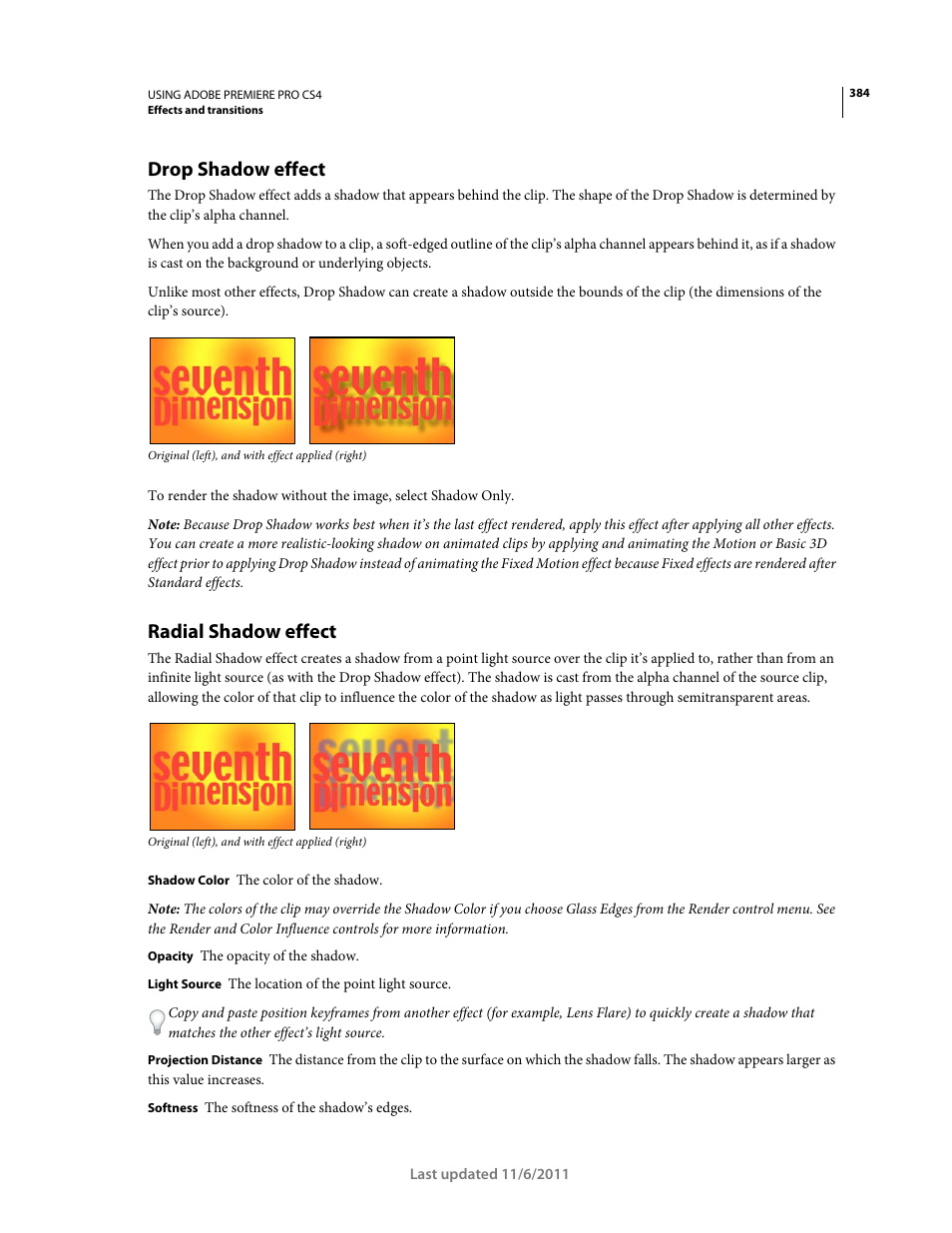 Drop shadow effect, Radial shadow effect | Adobe Premiere Pro CS4 User Manual | Page 390 / 491