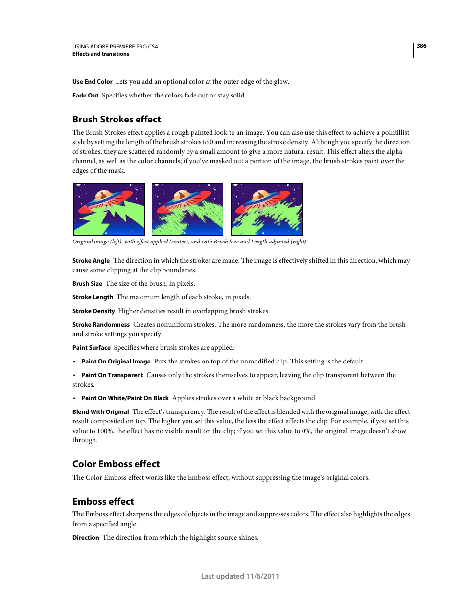 Brush strokes effect, Color emboss effect, Emboss effect | Adobe Premiere Pro CS4 User Manual | Page 392 / 491