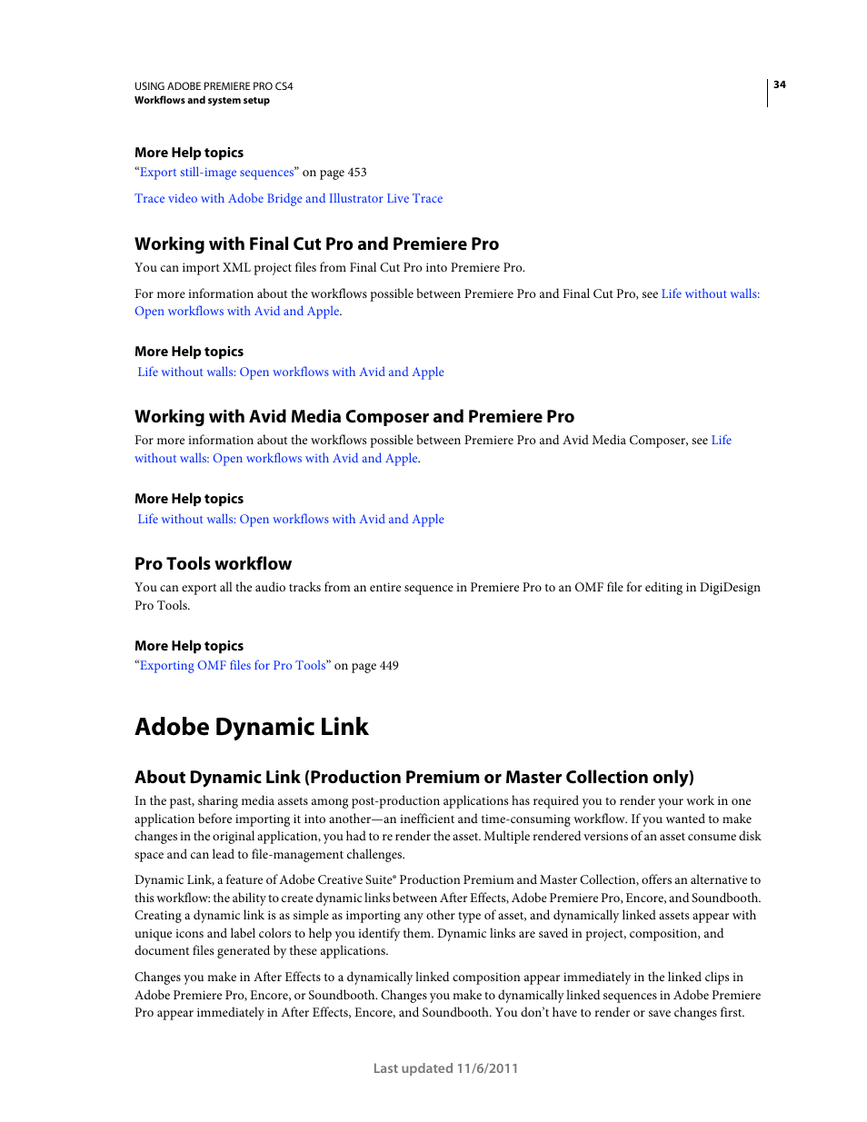 Working with final cut pro and premiere pro, Working with avid media composer and premiere pro, Pro tools workflow | Adobe dynamic link, Rendering. (see | Adobe Premiere Pro CS4 User Manual | Page 40 / 491