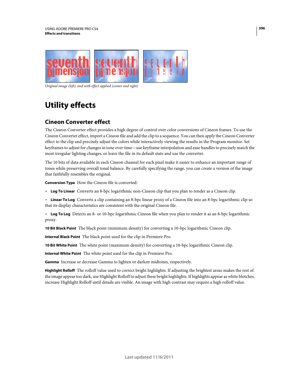 Utility effects, Cineon converter effect | Adobe Premiere Pro CS4 User Manual | Page 402 / 491