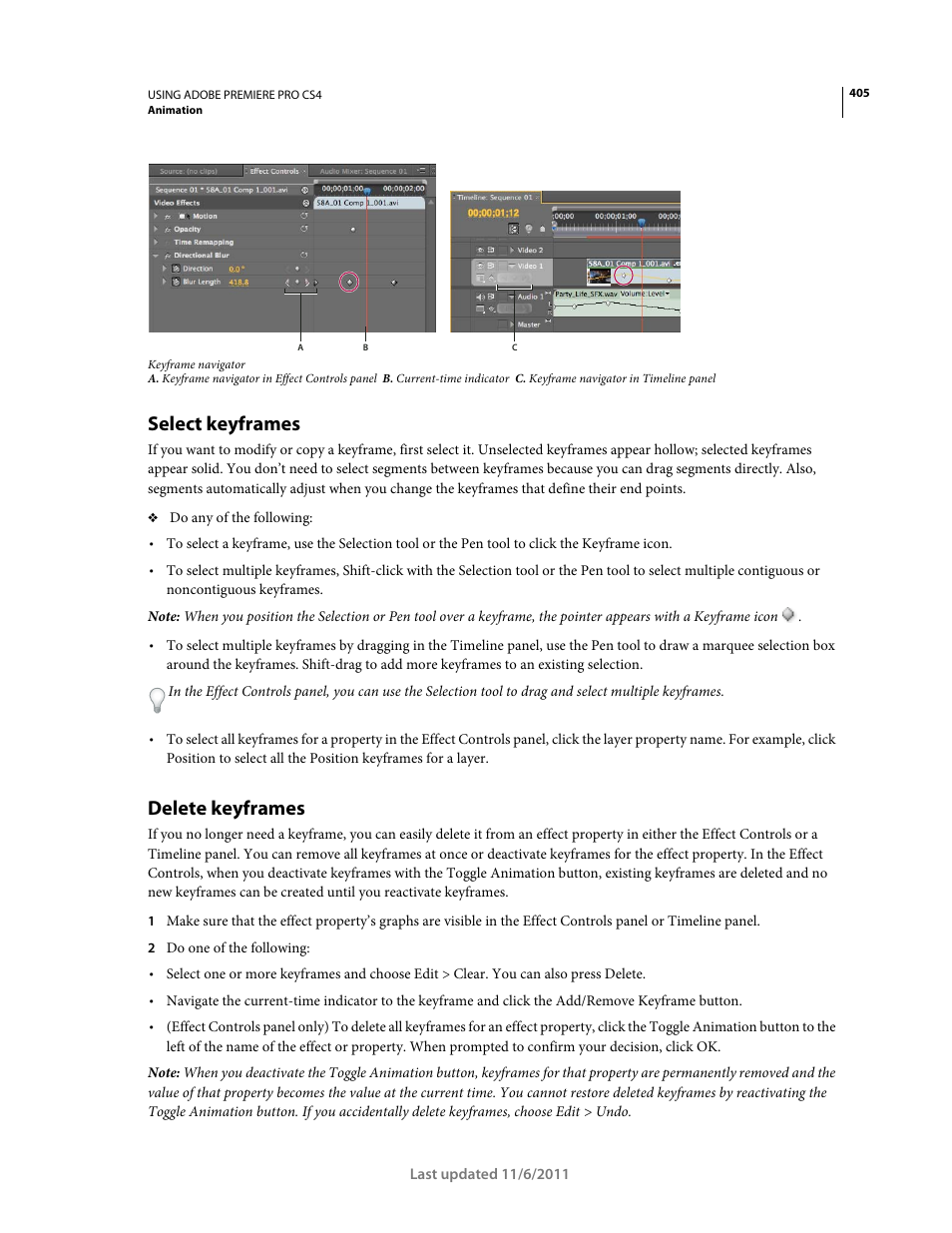 Select keyframes, Delete keyframes | Adobe Premiere Pro CS4 User Manual | Page 411 / 491