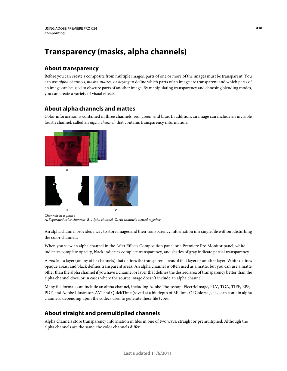 Transparency (masks, alpha channels), About transparency, About alpha channels and mattes | About straight and premultiplied channels | Adobe Premiere Pro CS4 User Manual | Page 424 / 491