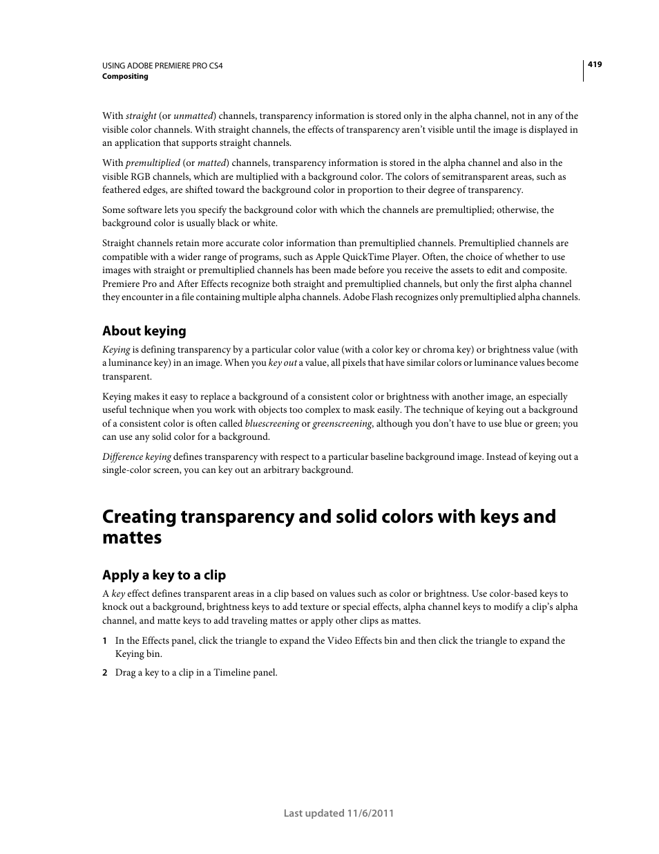 About keying, Apply a key to a clip | Adobe Premiere Pro CS4 User Manual | Page 425 / 491