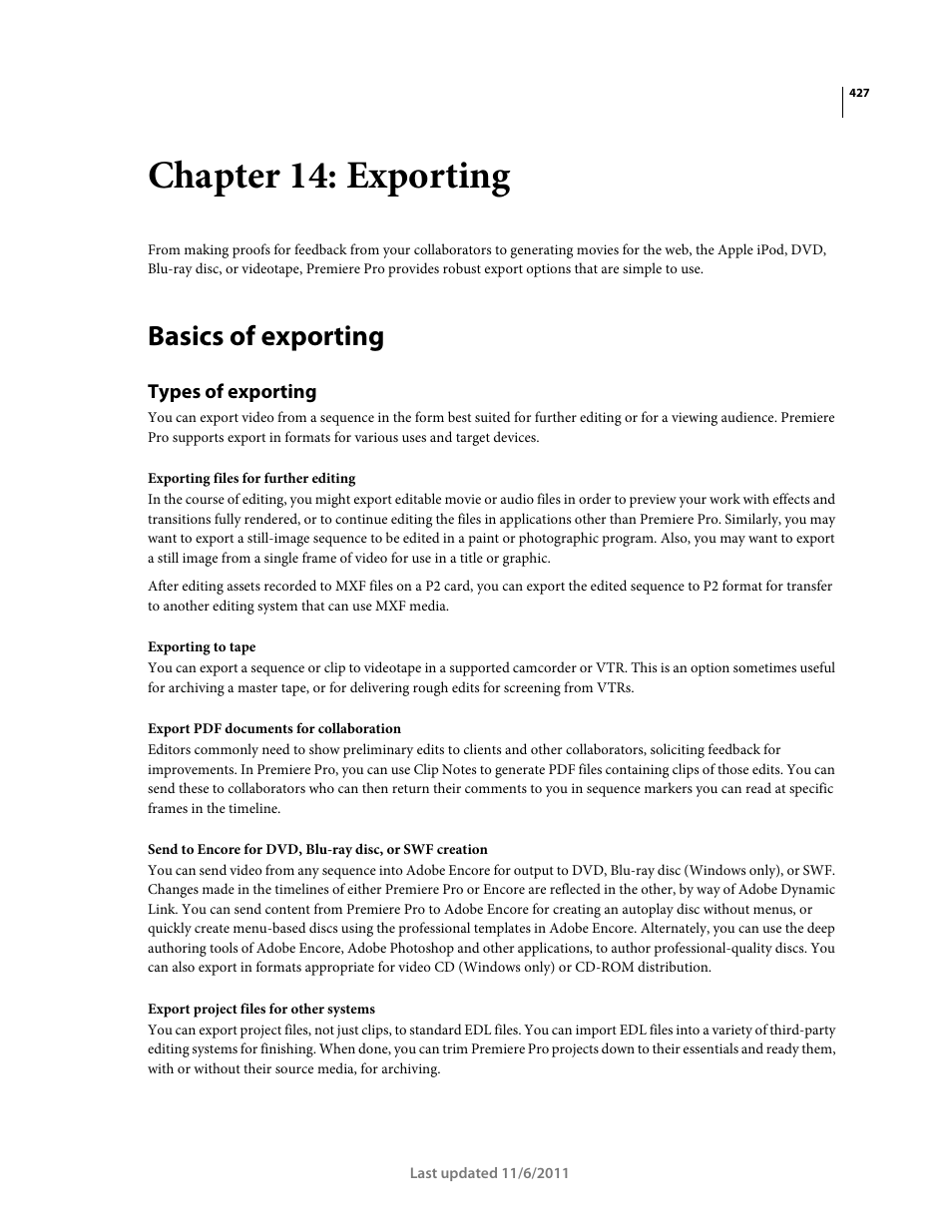 Chapter 14: exporting, Basics of exporting, Types of exporting | Adobe Premiere Pro CS4 User Manual | Page 433 / 491