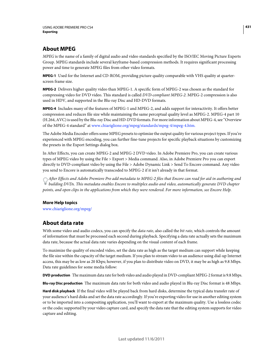 About mpeg, About data rate | Adobe Premiere Pro CS4 User Manual | Page 437 / 491