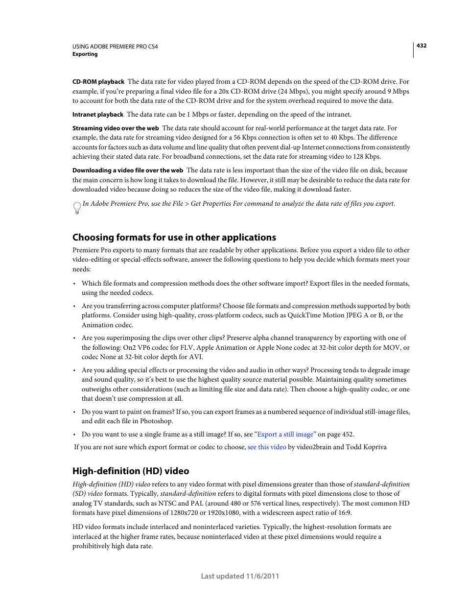 Choosing formats for use in other applications, High-definition (hd) video | Adobe Premiere Pro CS4 User Manual | Page 438 / 491