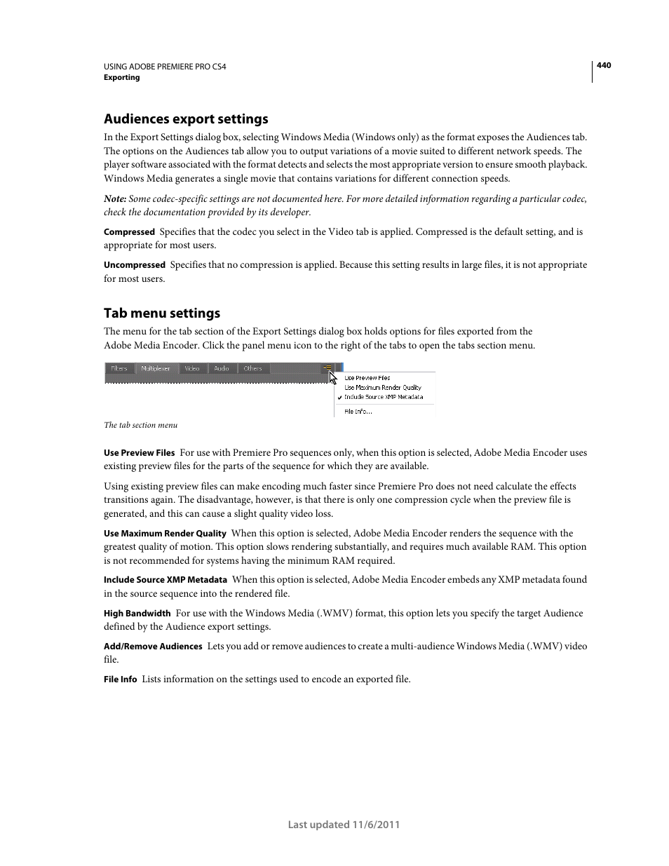 Audiences export settings, Tab menu settings | Adobe Premiere Pro CS4 User Manual | Page 446 / 491