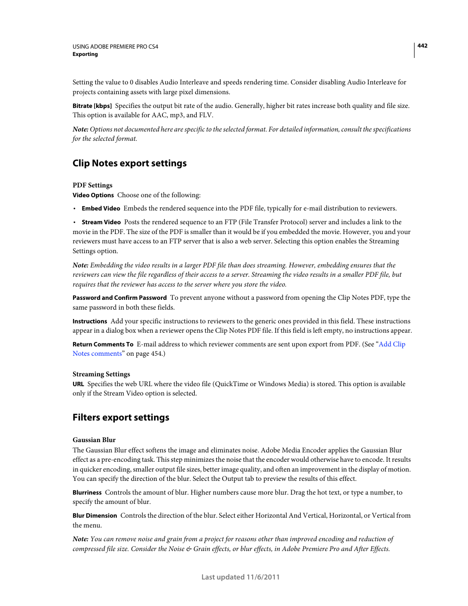 Clip notes export settings, Filters export settings | Adobe Premiere Pro CS4 User Manual | Page 448 / 491