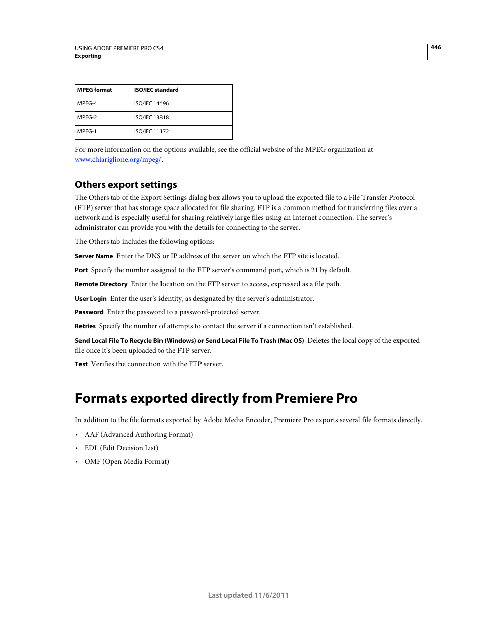 Others export settings, Formats exported directly from premiere pro | Adobe Premiere Pro CS4 User Manual | Page 452 / 491